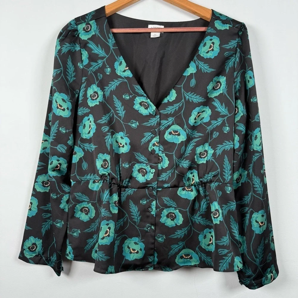 J. Crew Satin Crepe Poppy Print Peplum Blouse V Neck Size 10
